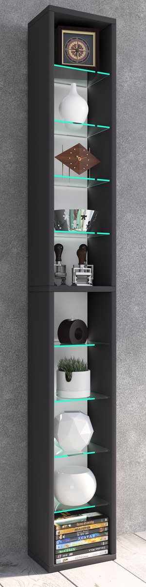 Rasato Xl Wandkast Met 8 Glazen Planken. - Zwart