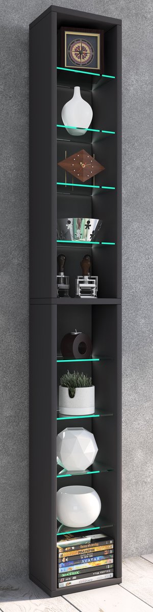 Rasato Xl Wandkast Met 8 Glazen Planken. - Zwart