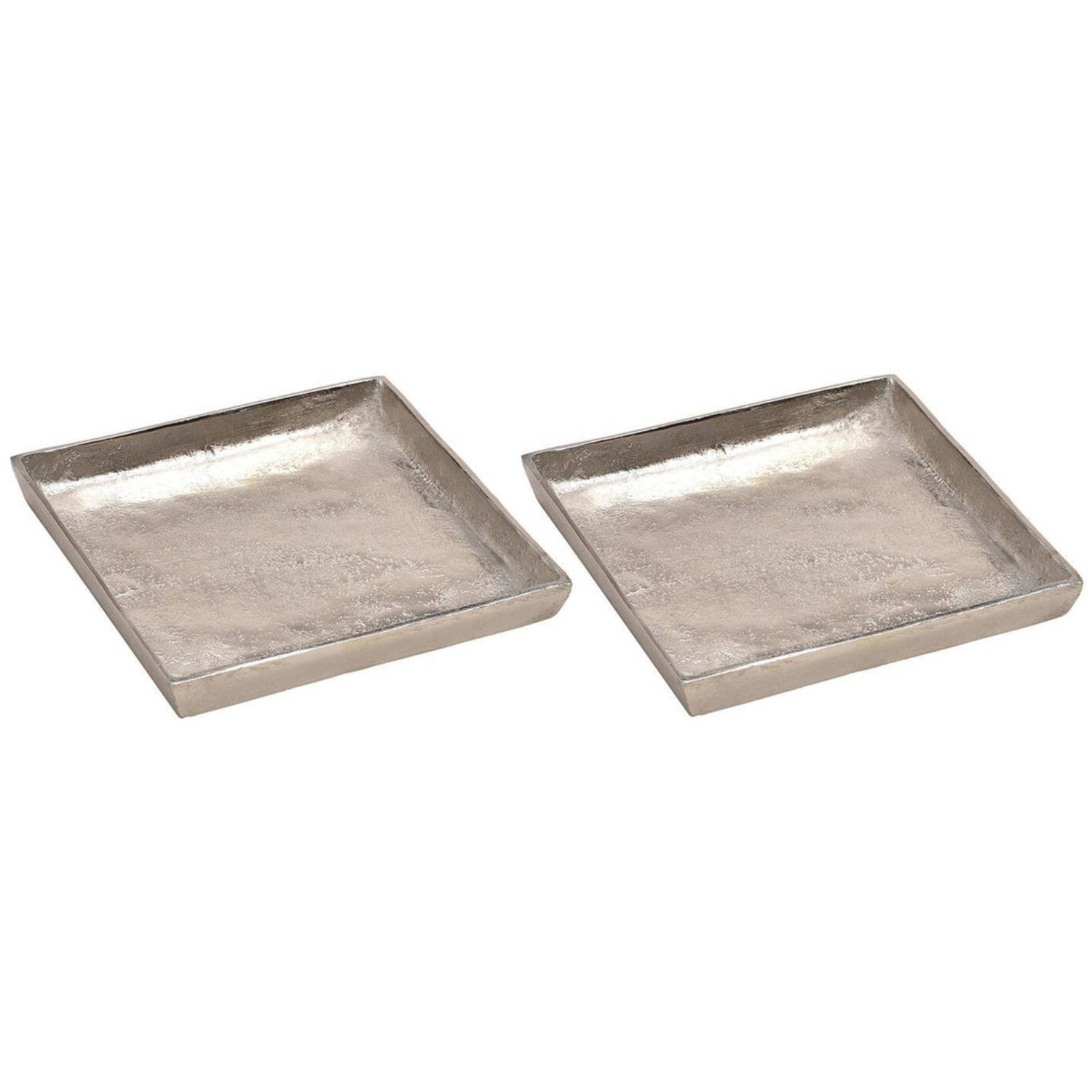 2x Decoratieve Aluminium Vierkante Dienbladen Zilver 20 Cm - Kaarsenplateaus - Silver