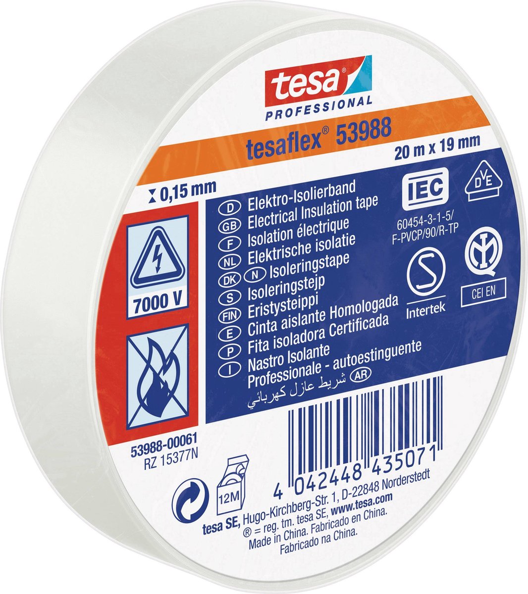 Tesa 53988-00061-00 Isolatietape 53988 (l x b) 20 m x 19 mm 20 m - Wit