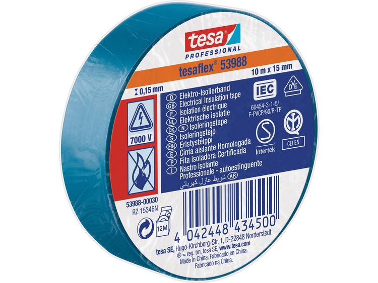 Tesa 53988-00030-00 Isolatietape 53988 (l x b) 10 m x 15 mm 10 m - Blauw