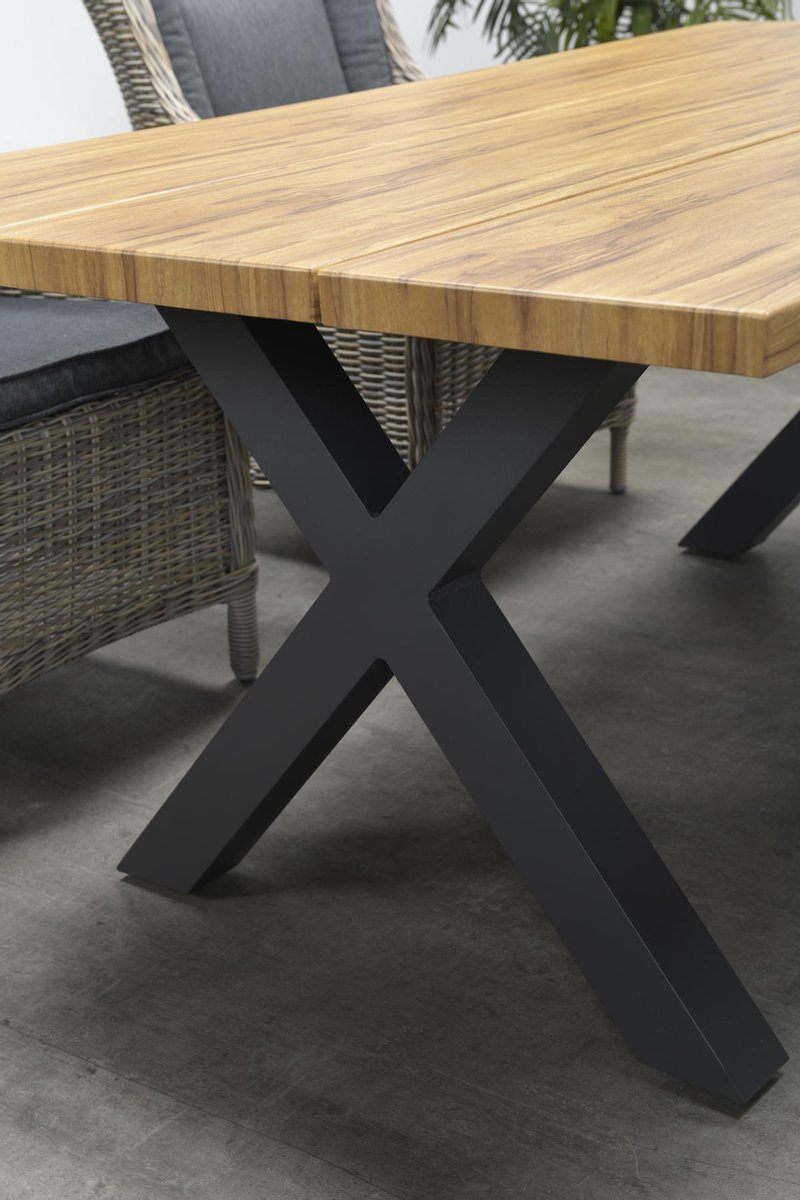 Garden Impressions Zeus dining tafel 220x100 carbon black/teak look/X-stijl - Grijs