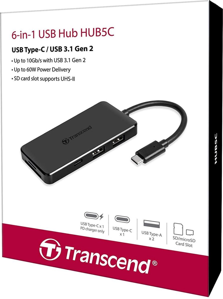 Transcend 6-in 1 Port Hub PD SD/MicroSD Reader USB 3.1 Gen 2 Type-C