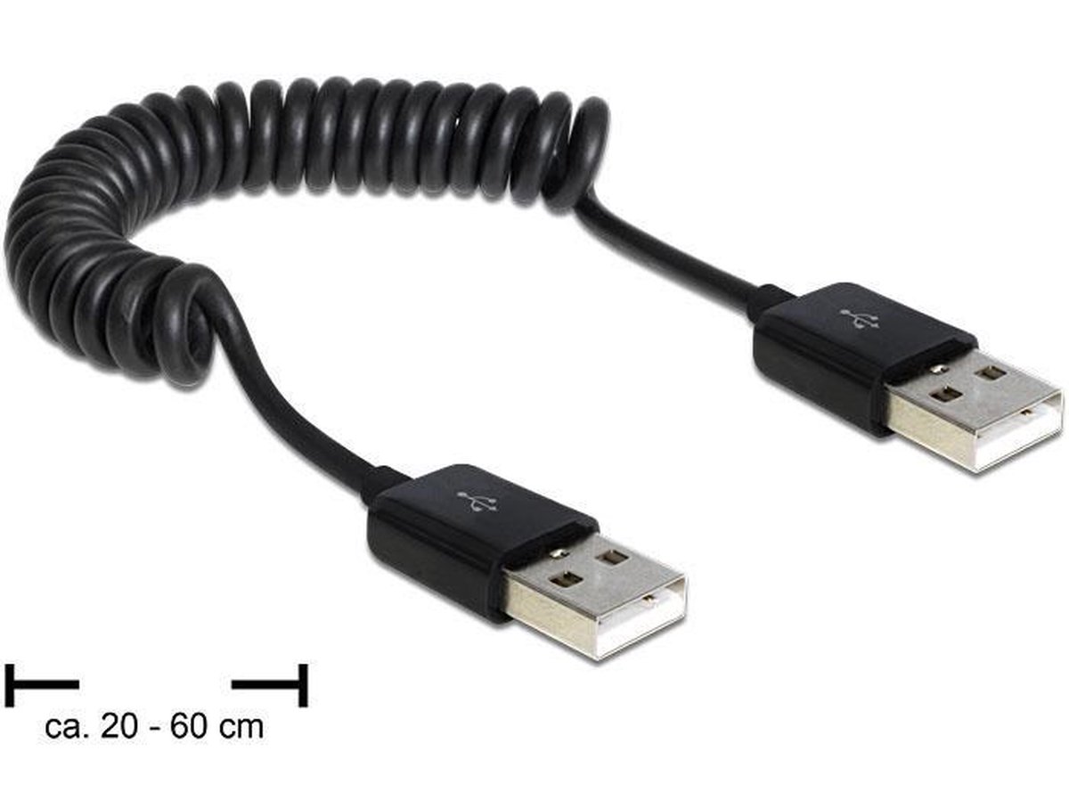 DeLOCK USB 2.0 Aansluitkabel [1x USB-A 2.0 stekker - 1x USB-A 2.0 stekker] 0.60 m Spiraalkabel - Zwart
