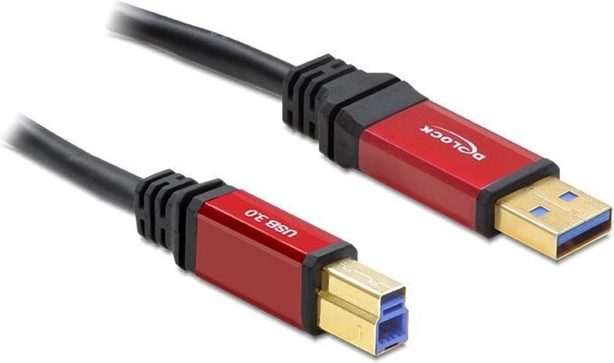 DeLOCK USB 3.0 Aansluitkabel [1x USB 3.0 stekker A - 1x USB 3.0 stekker B] 3.00 m Rood, Vergulde steekcontacten, UL gecertificeerd - Zwart