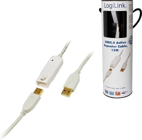 LogiLink USB 2.0 Verlengkabel [1x USB-A 2.0 stekker - 1x USB 2.0 bus A] 12.00 m Vergulde steekcontacten, UL gecertificeerd - Wit