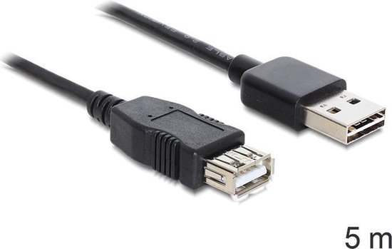 DeLOCK USB 2.0 Aansluitkabel [1x USB-A 2.0 stekker - 1x USB 2.0 bus A] 5.00 m Stekker past op beide manieren, Vergulde steekcontacten, UL gecertificeerd - Zwart