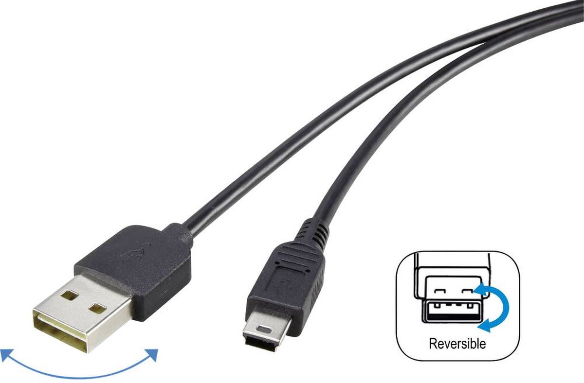 renkforce USB 2.0 Aansluitkabel [1x USB-A 2.0 stekker - 1x Mini-USB 2.0 B stekker] 1.80 m Stekker past op beide manieren, Vergulde steekcontacten, UL - Zwart