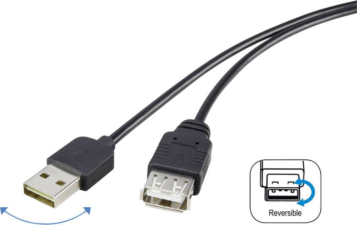 renkforce USB 2.0 Verlengkabel [1x USB-A 2.0 stekker - 1x USB 2.0 bus A] 1.80 m Stekker past op beide manieren, Vergulde steekcontacten, UL gecertificeerd - Zwart