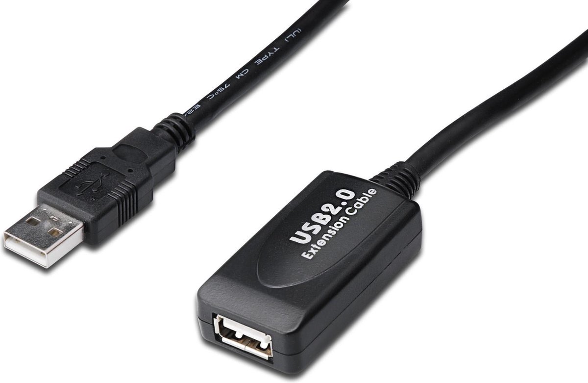 Digitus USB 2.0 Verlengkabel [1x USB 2.0 bus A - 1x USB-A 2.0 stekker] 15.00 m Met USB, Met verlengkabel - Zwart