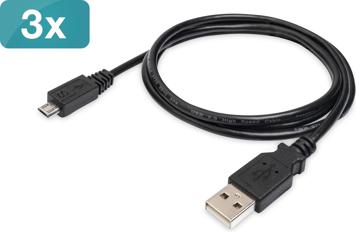 Digitus USB 2.0 Aansluitkabel [1x USB-A 2.0 stekker - 1x Micro-USB 2.0 B stekker] 1.00 m Flexibel, Folie afscherming, Afscherming gevlochten, Afscherming - Zwart