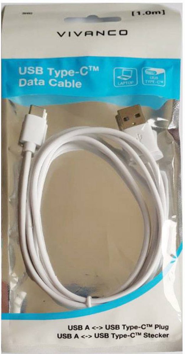 Vivanco USB 2.0 Aansluitkabel [1x USB-A 2.0 stekker - 1x USB-C 2.0 stekker] 1.00 m - Wit