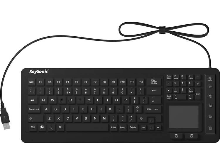 Keysonic KSK-6231 INEL (UK) Toetsenbord QWERTY, UK-Engels, Windows Siliconemembraan, Waterdicht (IPX7),Verlicht, GeÃ¯ntegreerd touchpad, Muisknoppen - Zwart