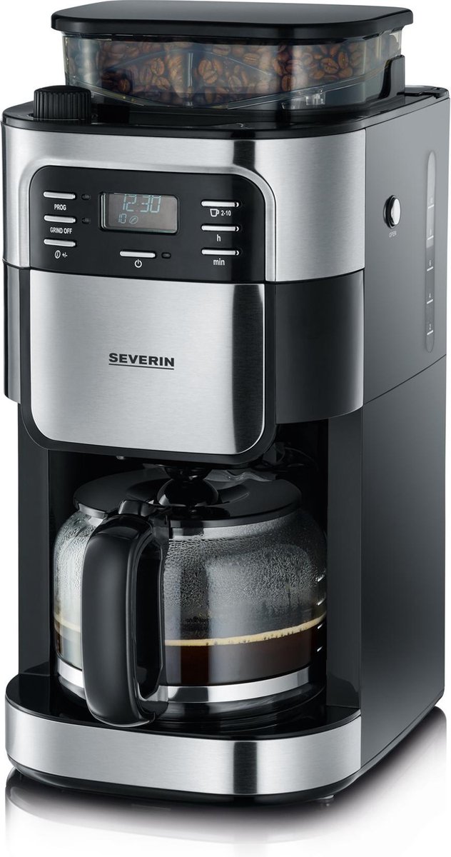 Severin KA 4810 Koffiezetapparaat RVS (geborsteld),Capaciteit koppen: 10 Met koffiemolen, Timerfunctie - Zwart