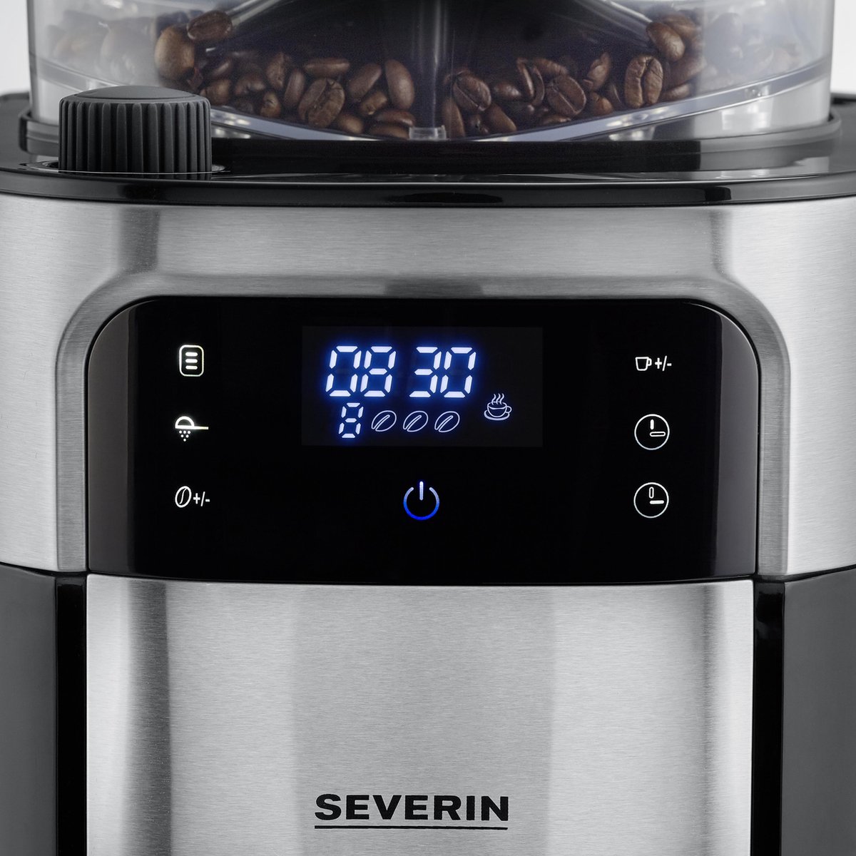 Severin Filterkaffeemaschine mit Mahlwerk und Edelstahl-Thermokanne, Koffiezetapparaat, RVS (geborsteld) Capaciteit koppen: 8 Display, Thermoskan, Met - Zwart