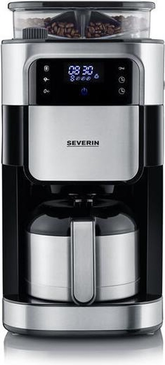 Severin Filterkaffeemaschine mit Mahlwerk und Edelstahl-Thermokanne, Koffiezetapparaat, RVS (geborsteld) Capaciteit koppen: 8 Display, Thermoskan, Met - Zwart