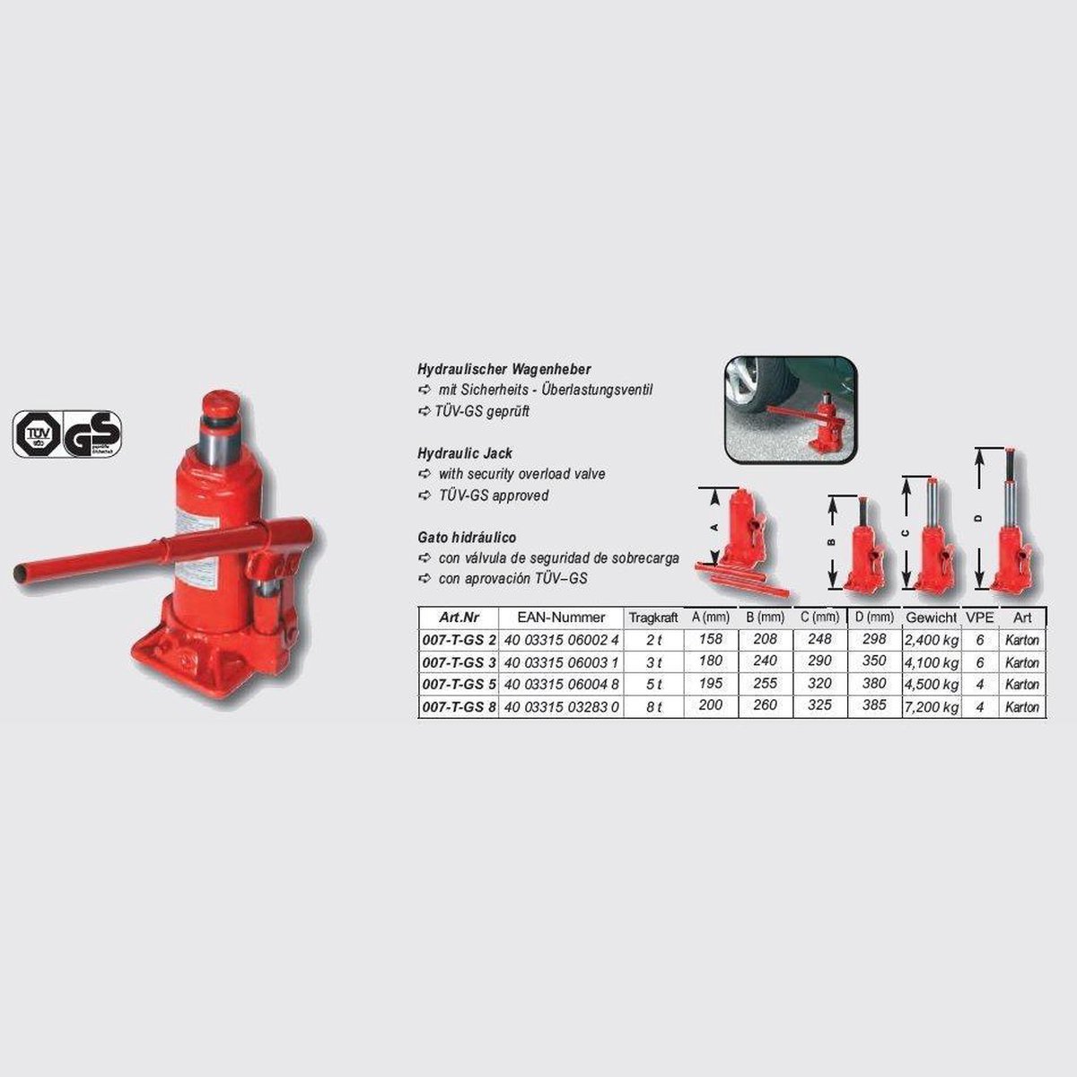 Brüder Mannesmann Hydraulische krik 8 t Werkhoogte: 20 - 38.5 cm