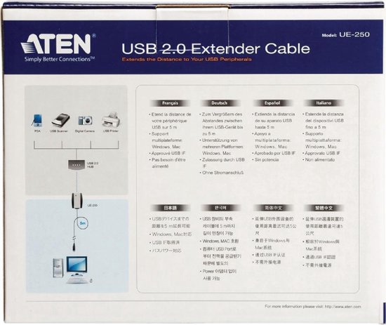 Aten USB 2.0 Verlengkabel [1x USB-A 2.0 stekker - 1x USB 2.0 bus A] 5.00 m - Zwart
