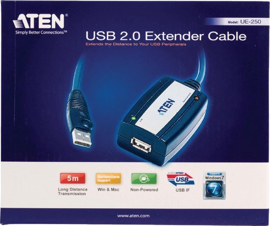 Aten USB 2.0 Verlengkabel [1x USB-A 2.0 stekker - 1x USB 2.0 bus A] 5.00 m - Zwart