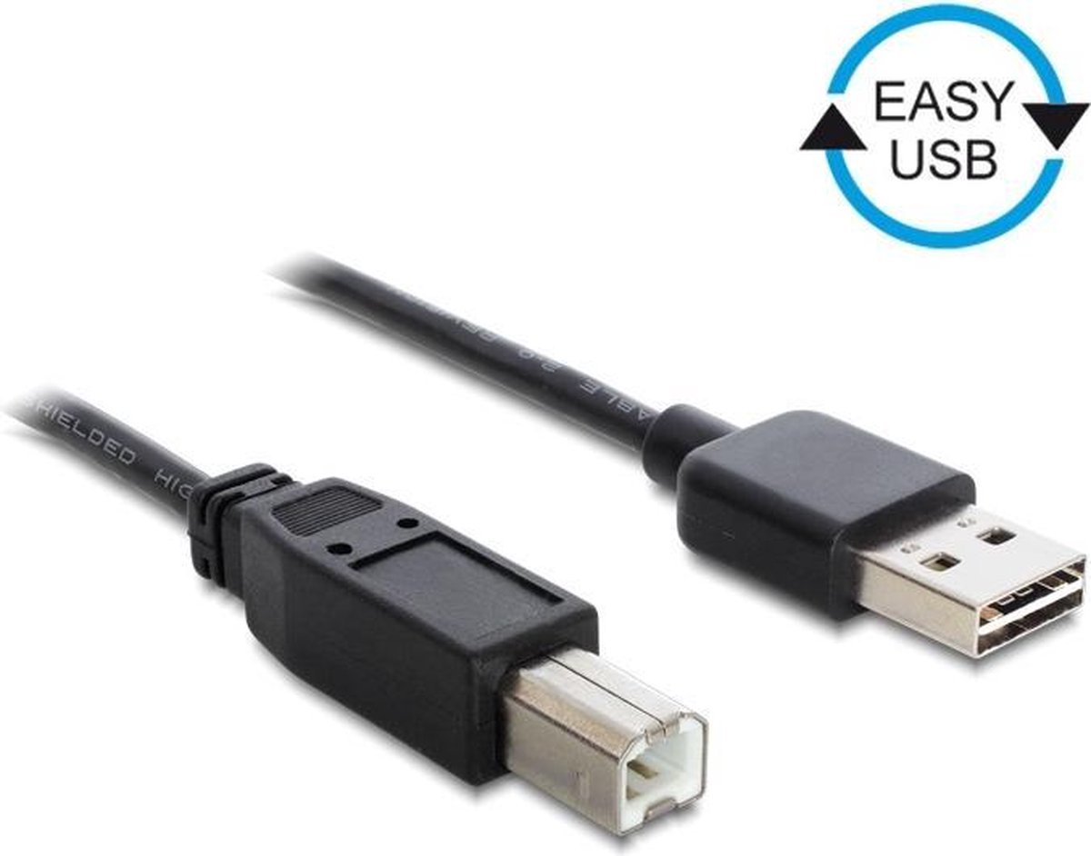 DeLOCK USB 2.0 Aansluitkabel [1x USB-A 2.0 stekker - 1x USB-B 2.0 stekker] 3.00 m Stekker past op beide manieren, Vergulde steekcontacten, UL - Zwart