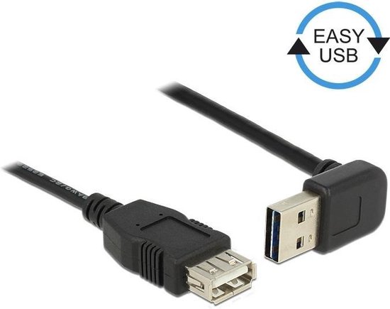 DeLOCK USB 2.0 Verlengkabel haaks [1x USB-A 2.0 stekker - 1x USB 2.0 bus A] 1.00 m Stekker past op beide manieren, Vergulde steekcontacten, UL gecertificeerd - Zwart