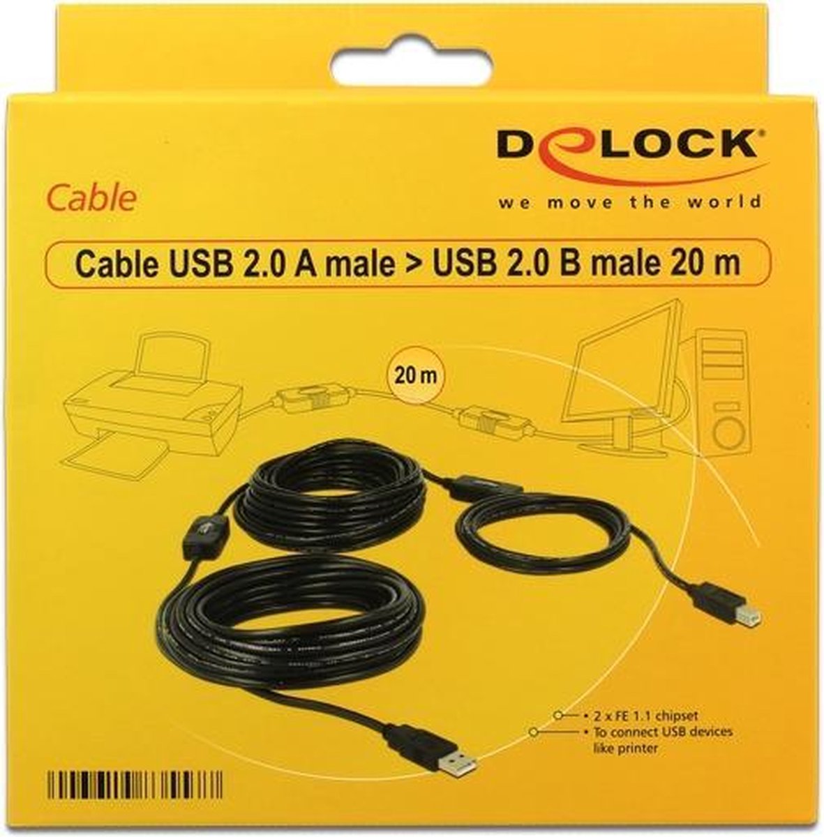 DeLOCK USB 2.0 Aansluitkabel [1x USB-A 2.0 stekker - 1x USB-B 2.0 stekker] 20.00 m UL gecertificeerd - Zwart