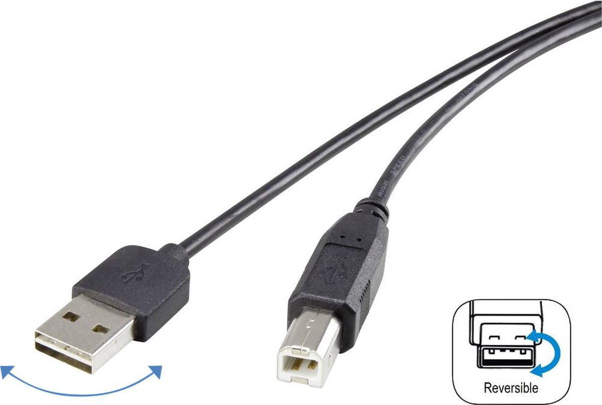 renkforce USB 2.0 Aansluitkabel [1x USB-A 2.0 stekker - 1x USB-B 2.0 stekker] 1.80 m Stekker past op beide manieren, Vergulde steekcontacten, UL - Zwart