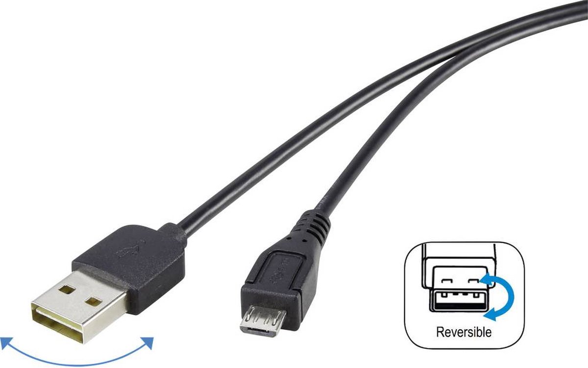 renkforce USB 2.0 Aansluitkabel [1x USB-A 2.0 stekker - 1x Micro-USB 2.0 B stekker] 1.80 m Stekker past op beide manieren, Vergulde steekcontacten, UL - Zwart