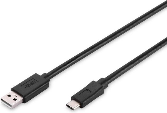 Digitus USB 2.0 Aansluitkabel [1x USB-C 2.0 stekker - 1x USB-A 2.0 stekker] 1.80 m Rond, Stekker past op beide manieren, Afgeschermd (dubbel) - Zwart