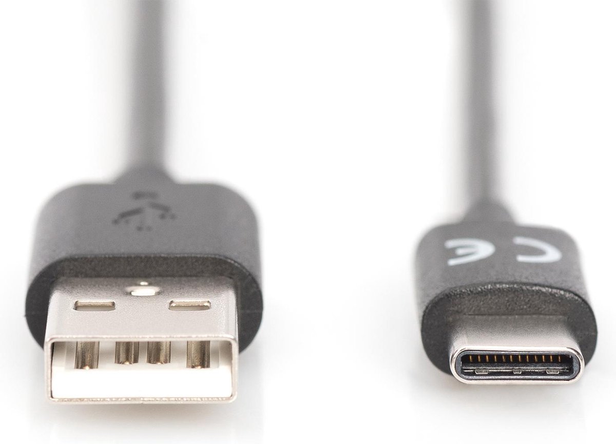 Digitus USB 2.0 Aansluitkabel [1x USB-C 2.0 stekker - 1x USB-A 2.0 stekker] 1.80 m Rond, Stekker past op beide manieren, Afgeschermd (dubbel) - Zwart