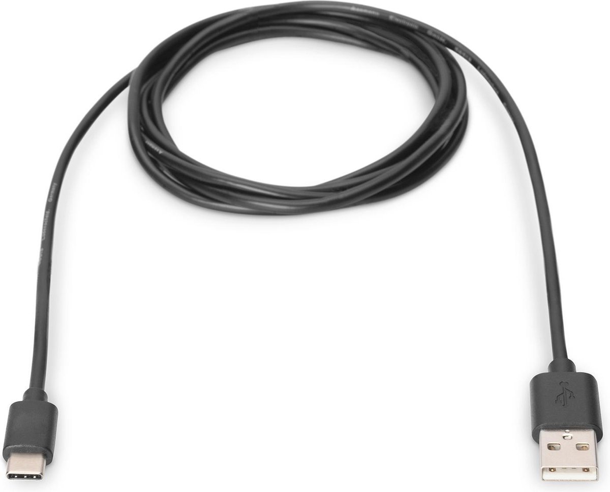 Digitus USB 2.0 Aansluitkabel [1x USB-C 2.0 stekker - 1x USB-A 2.0 stekker] 1.80 m Rond, Stekker past op beide manieren, Afgeschermd (dubbel) - Zwart