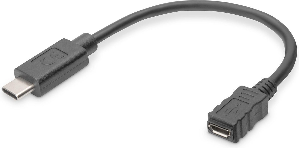 Digitus USB 2.0 Adapter [1x USB-C 2.0 stekker - 1x Micro-USB 2.0 B bus] 15.00 cm Rond, Stekker past op beide manieren, Afgeschermd (dubbel) - Zwart