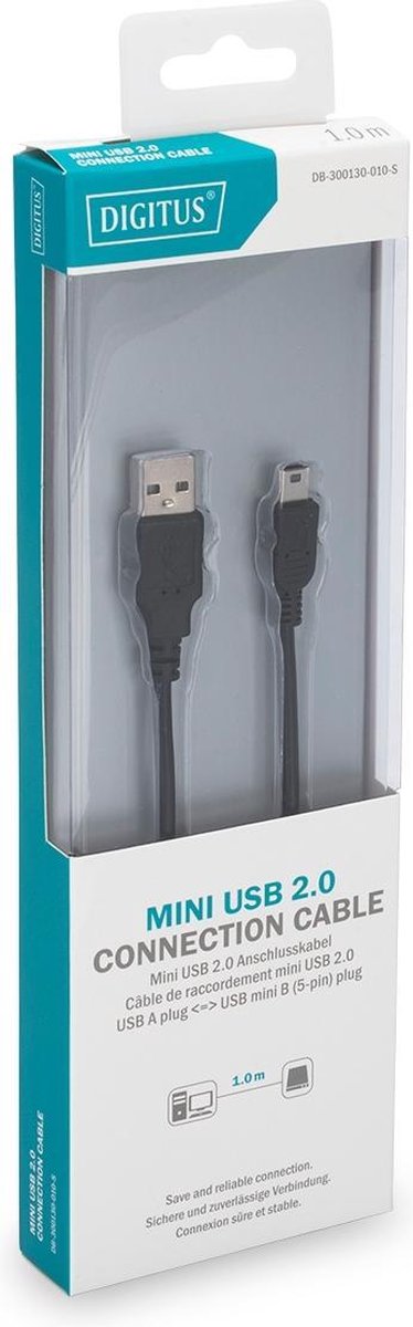 Digitus USB 2.0 Aansluitkabel [1x USB-A 2.0 stekker - 1x Mini-USB 2.0 B stekker] 1.00 m Rond, Afgeschermd (dubbel) - Zwart