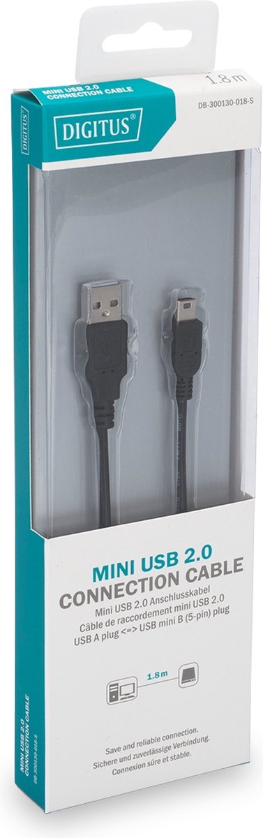 Digitus USB 2.0 Aansluitkabel [1x USB-A 2.0 stekker - 1x Mini-USB 2.0 B stekker] 1.80 m Rond, Afgeschermd (dubbel) - Zwart