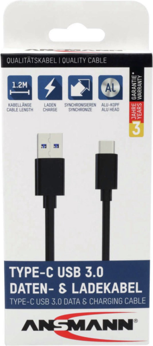Ansmann Mobiele telefoon, Laptop Laadkabel [1x USB 3.0 stekker A - 1x USB 3.0 stekker C] 1.20 m Aluminium-stekker, TPE-mantel, Stekker past op beide - Zwart