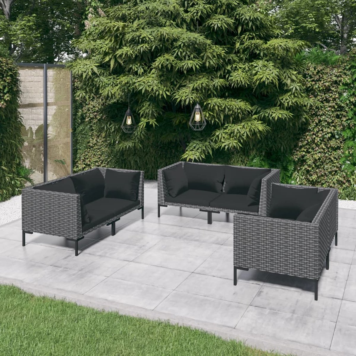 Vidaxl 6-delige Loungeset Met Kussens Poly Rattan Donker - Grijs