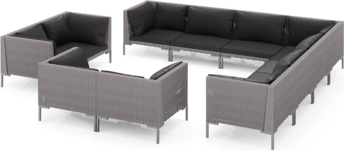 Vidaxl 11-delige Loungeset Met Kussens Poly Rattan Donker - Grijs