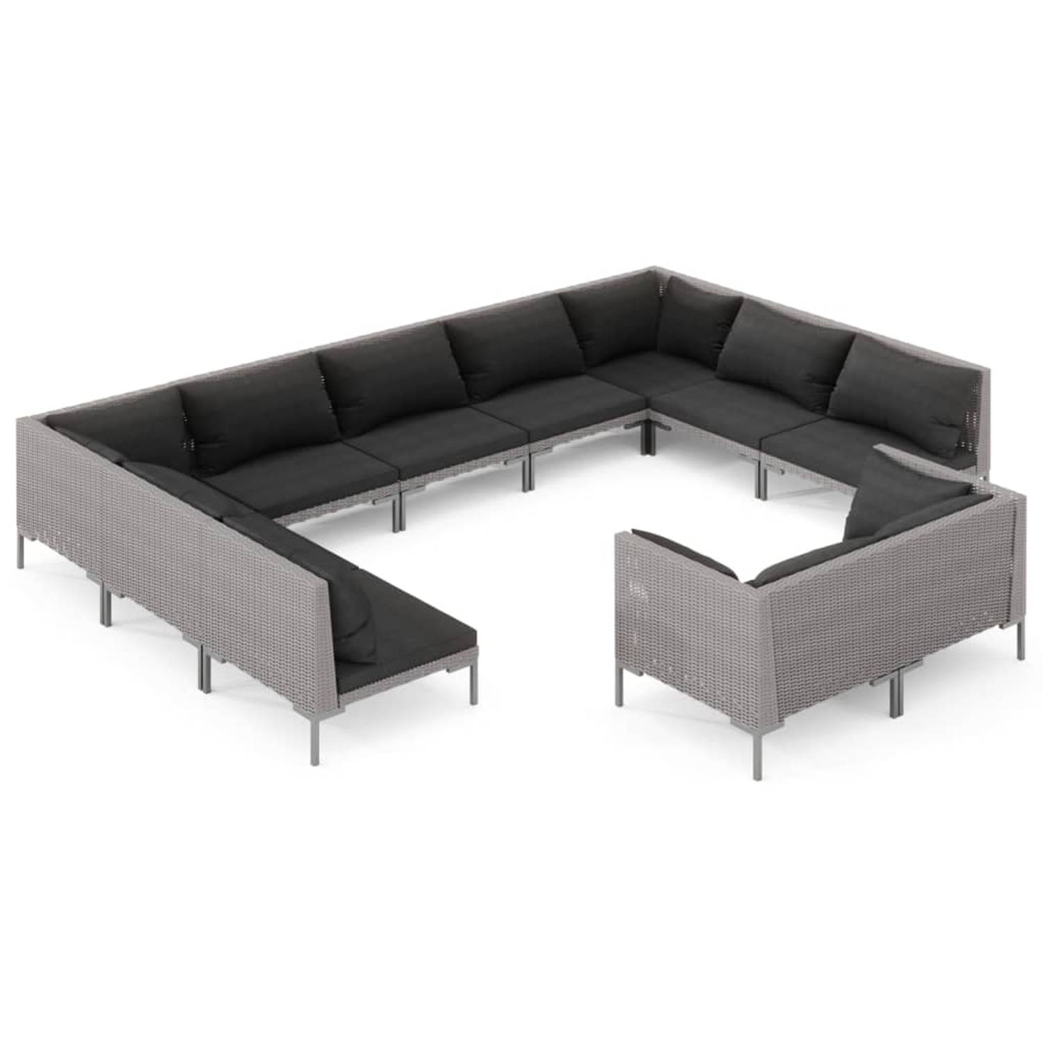 Vidaxl 11-delige Loungeset Met Kussens Poly Rattan Donker - Grijs