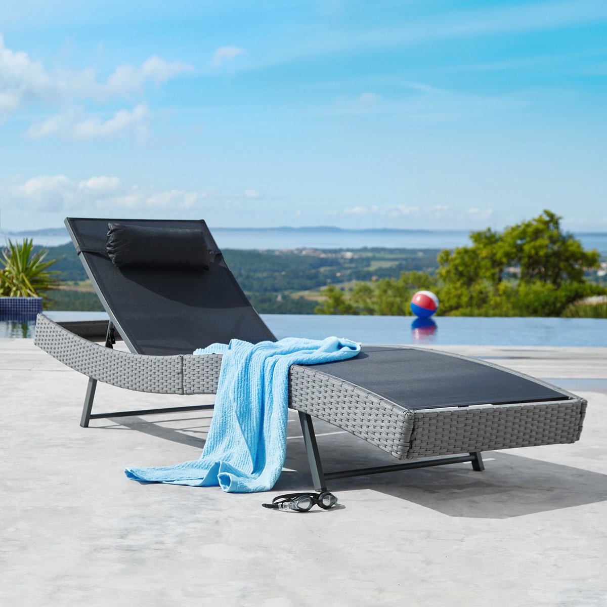 Tectake - Wicker Ligbed - Modern Delphine 205 Cm Lang - Zwart
