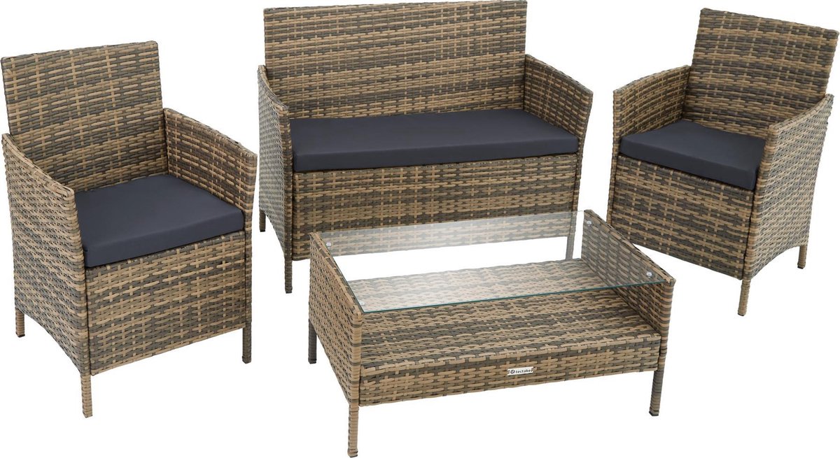 Tectake - Madeira - Wicker Tuinset - 2 Stoelen 1 Zitbank - Natuur - 403693 - Zwart