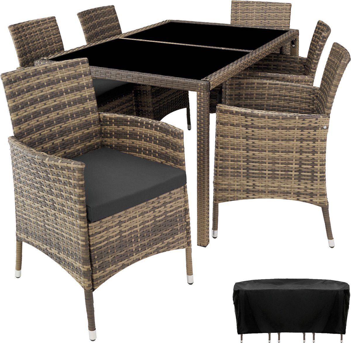 Tectake - Luxe Wicker Zitgroep Porto 6 + 1 - Natuur - 404322 - Bruin