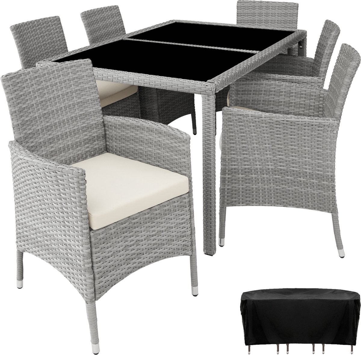 Tectake - Luxe Wicker Zitgroep Porto 6 + 1 - Licht - 404323 - Grijs