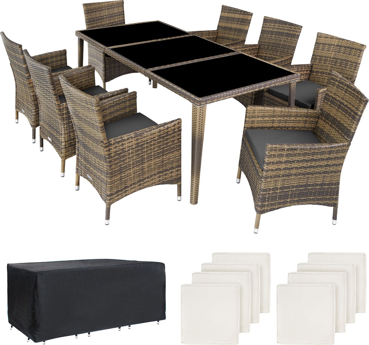 Tectake - Zitgroep Monaco - Wicker Tuinset - Inclusief Beschermhoes - Natuur - 403753 - Zwart