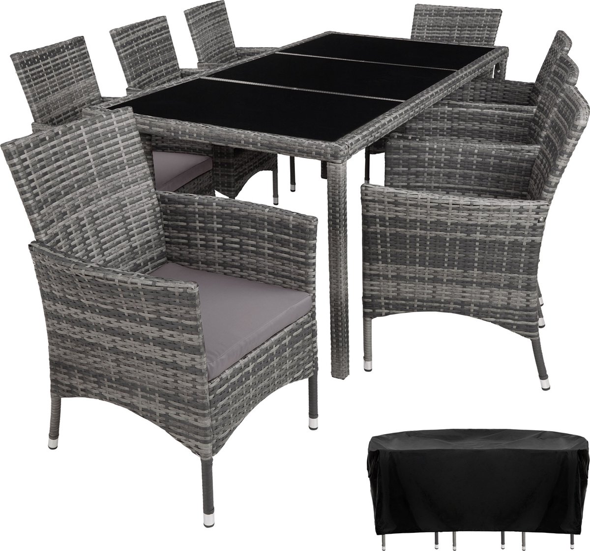 Tectake - Wicker Zitgroep 8 Stoelen En Tafel - Inclusief Beschermhoes- - 404328 - Grijs