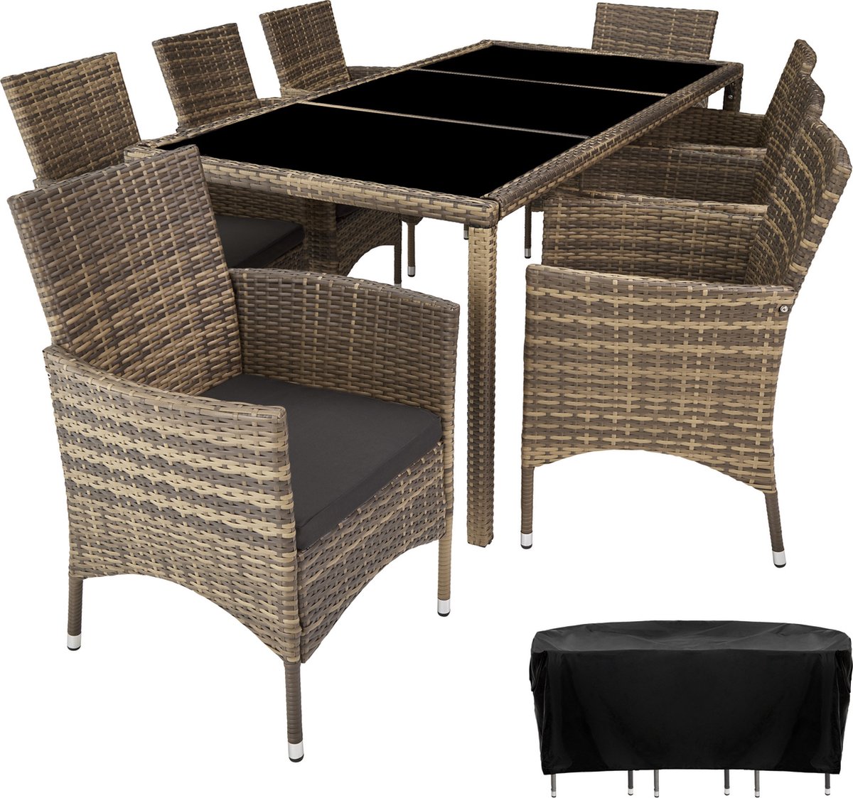 Tectake - Wicker Zitgroep 8 Stoelen En Tafel - Inclusief Beschermhoes- Natuur - 404329 - Bruin