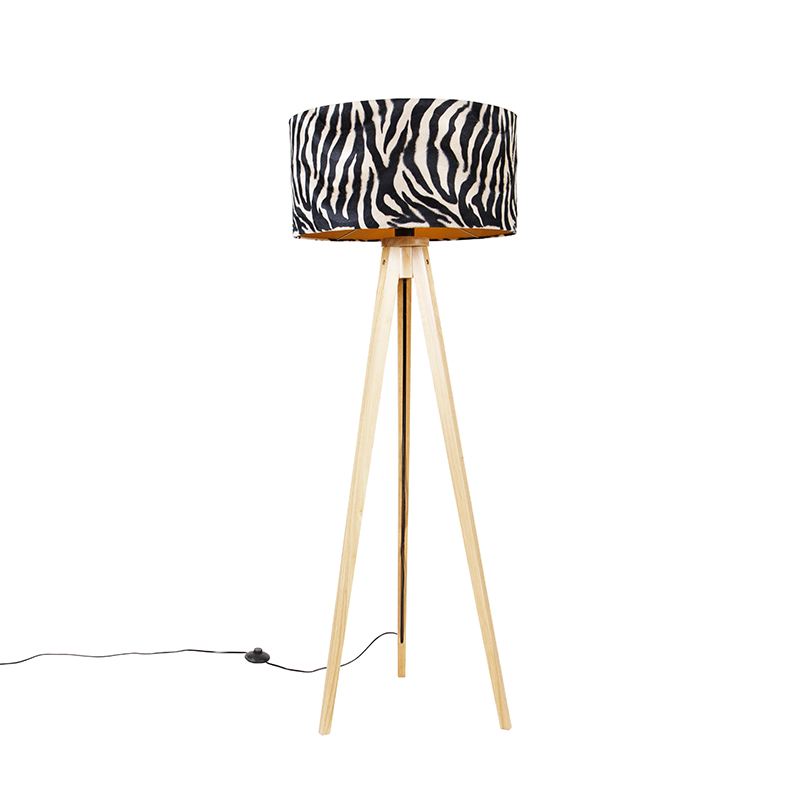 QAZQA Vloerlamp hout met stoffen kap zebra 50 cm - Tripod Classic