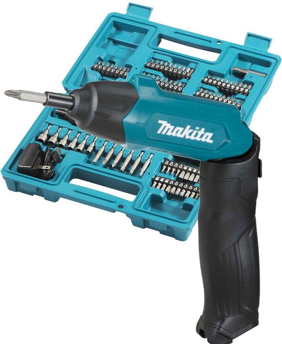 Makita DF001DW 3,6v Schroevendraaier Met ingebouwde 1,5 Ah Li-ion accu, lader, koffer, 81-delige acc. set