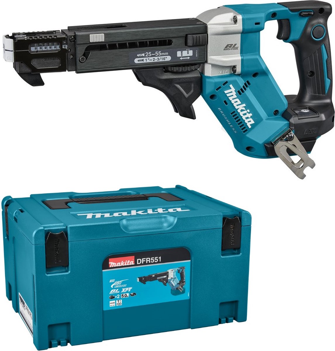 Makita DFR551ZJ | 18 V | Schroefautomaat | 25-55 mm | Zonder accu&apos;s en lader | in M-box