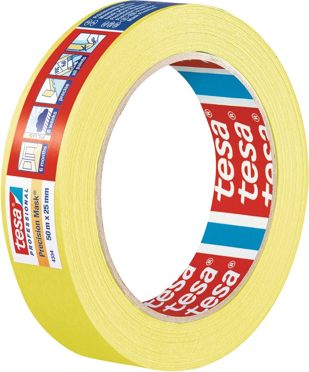 Tesa Precisie afplaktape | glad | geel | lengte 50 m | breedte 38 mm | wiel | 4 stuks - 04334-00003-00