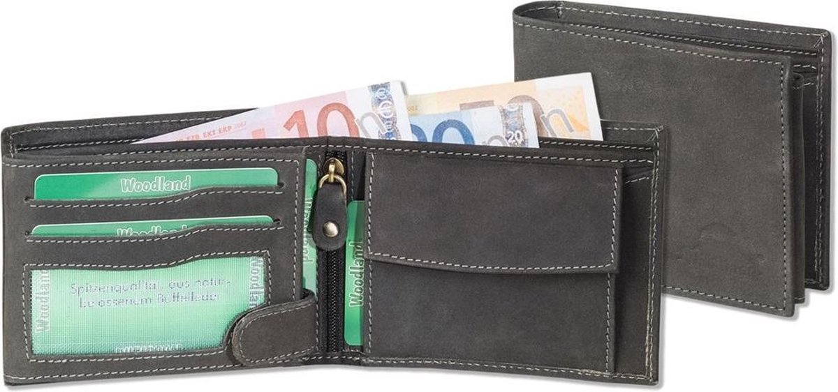 Woodland Heren Portemonnee Billfold Met Rfid Bescherming Leer Antraciet - Zwart